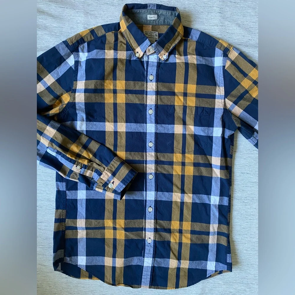 J.Grew Men's Navy and Mustard Plaid Button-Down Shirt size S